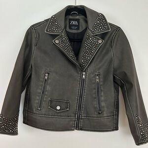 Zara Kids Studded Faux Leather Moto Jacket Gray Size 9-10